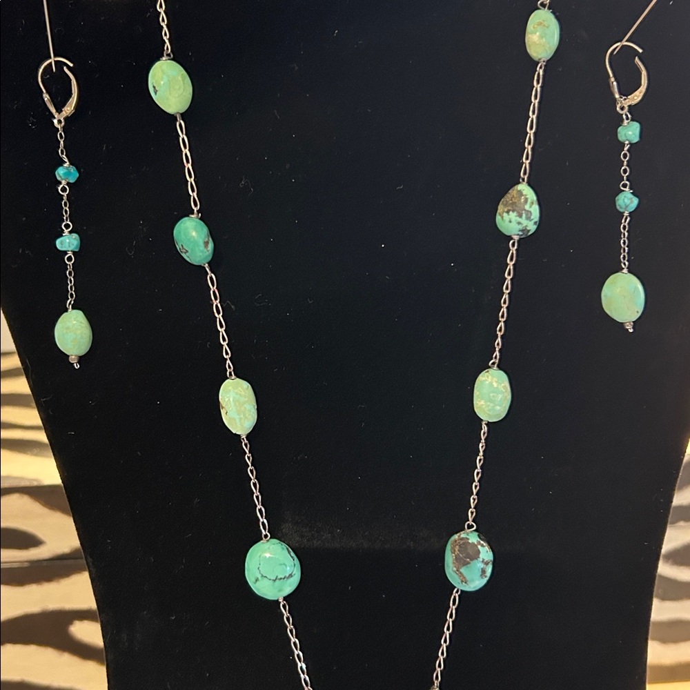 Boho Vintage silver turquoise statement 
Y necklace and earrings. - Picture 2 of 10